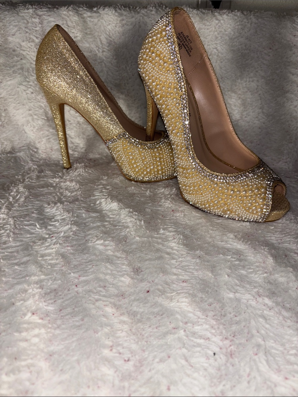 De Blossom Collection Gold Rhinestone & Pearl Peep-Toe Heels
